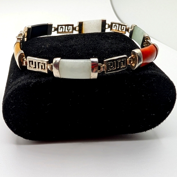 Vintage Chinese 925 Sterling Silver Muti-Color Jade & Chinese GOOD luck Bracelet - Picture 1 of 15
